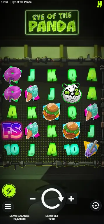 Eye of the Panda base game – full 5x5 grid with food symbols and Panda Wilds